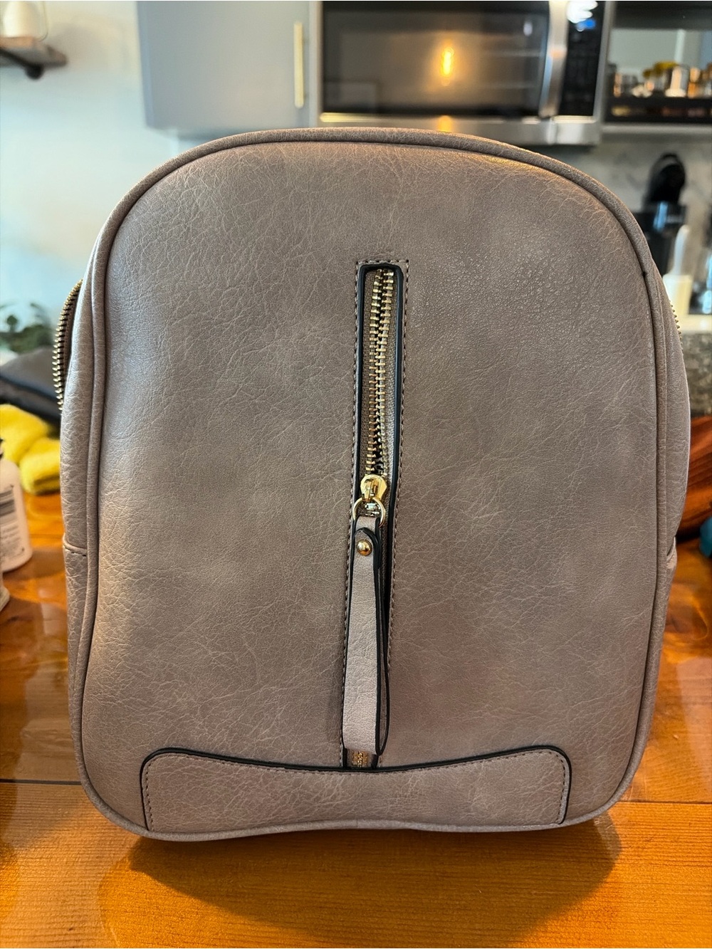 Women's Taupe Faux Leather Backpack with Front Zip Pocket